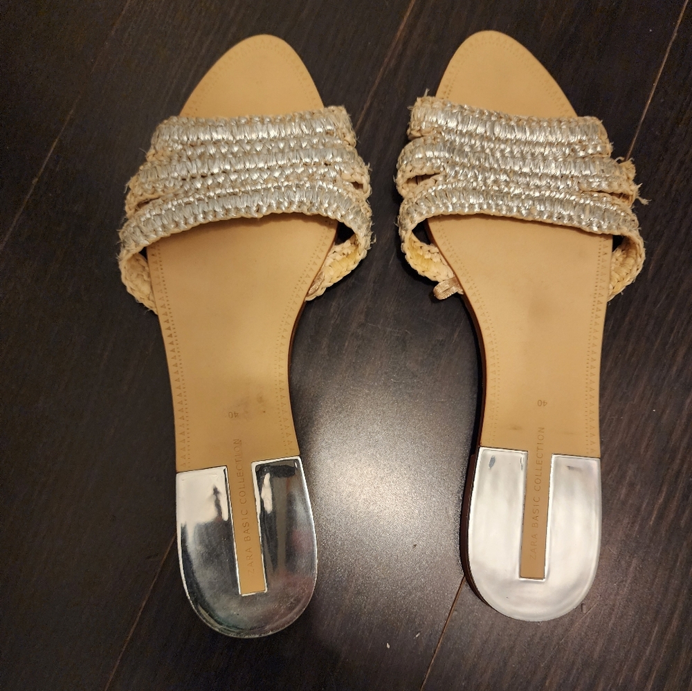 Zara Size 40 Silver Rattan slide sandals